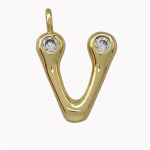 Copper Pendant Pave Zirconia Letter-V Gold Plated, approx 11-18mm [FN42489]
