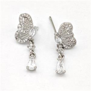 Copper Butterfly Earrings Stud Pave Zirconia Platinum Plated, approx 4-6mm, 8-11.5mm [FN42522]