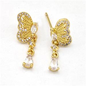 Copper Butterfly Earrings Stud Pave Zirconia Gold Plated, approx 4-6mm, 8-11.5mm [FN42523]