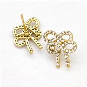 Copper Bow Earrings Stud Pave Zirconia Gold Plated, approx 14-15mm [FN42525]