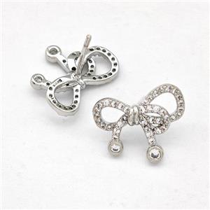 Copper Bow Earrings Stud Pave Zirconia Platinum Plated, approx 10-15mm [FN42526]