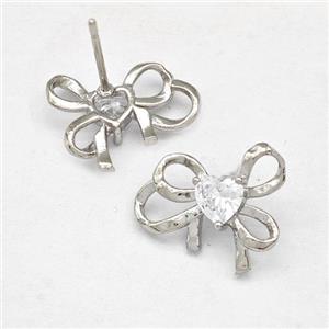 Copper Bow Earrings Stud Pave Zirconia Platinum Plated, approx 13-15mm [FN42528]