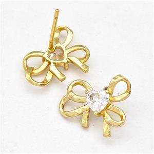 Copper Bow Earrings Stud Pave Zirconia Gold Plated, approx 13-15mm [FN42529]