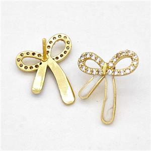 Copper Bow Earrings Stud Pave Zirconia White Enamel Gold Plated, approx 14-16mm [FN42530]