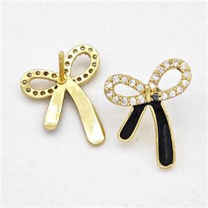 Copper Bow Earrings Stud Pave Zirconia Black Enamel Gold Plated, approx 14-16mm [FN42531]