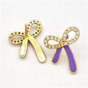 Copper Bow Earrings Stud Pave Zirconia Purple Enamel Gold Plated, approx 14-16mm [FN42533]