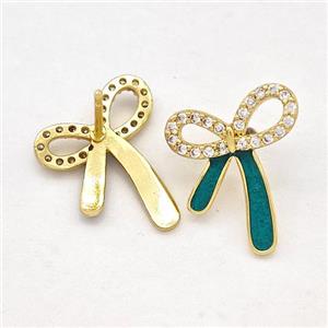 Copper Bow Earrings Stud Pave Zirconia Green Enamel Gold Plated, approx 14-16mm [FN42534]