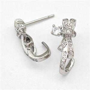 Copper Bow Earrings Stud Pave Zirconia Platinum Plated, approx 8-18mm [FN42535]