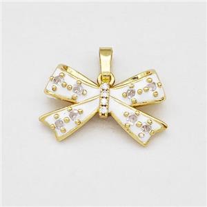 Copper Bow Pendant Pave Zirconia White Enamel Gold Plated, approx 13-20mm [FN42542]