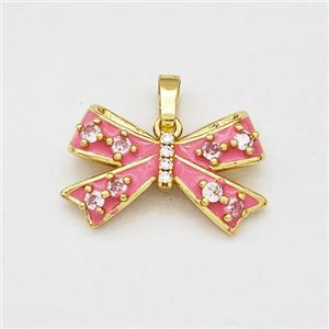 Copper Bow Pendant Pave Zirconia Pink Enamel Gold Plated, approx 13-20mm [FN42544]