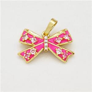 Copper Bow Pendant Pave Zirconia Hotpink Enamel Gold Plated, approx 13-20mm [FN42545]