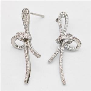 Copper Bow Stud Earrings Pave Zirconia Platinum Plated, approx 15-30mm [FN42550]