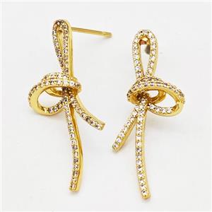 Copper Bow Stud Earrings Pave Zirconia Gold Plated, approx 15-30mm [FN42551]