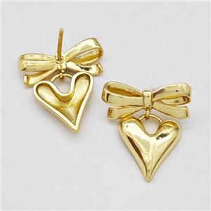 Copper Bow Stud Earrings Heart Gold Plated, approx 13mm, 7-17mm [FN42553]