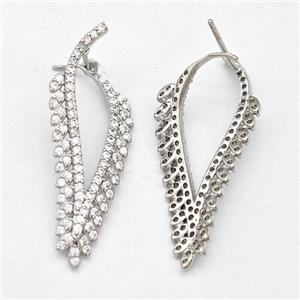 Copper Leaf Earring Studs Pave Zirconia Platinum Plated, approx 14-35mm [FN42554]