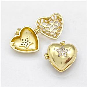 Copper Heart Locket Pendant Pave Zirconia Star Gold Plated, approx 17mm [FN42573]
