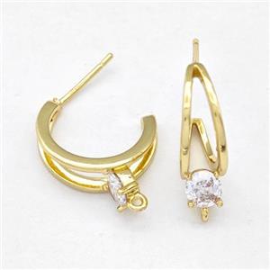 Copper Earring Studs Pave Zirconia Gold Plated, approx 5mm,17mm [FN42575]