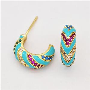 Copper Earring Studs Pave Zirconia Teal Enamel Gold Plated, approx 6mm,15.5mm [FN42577]