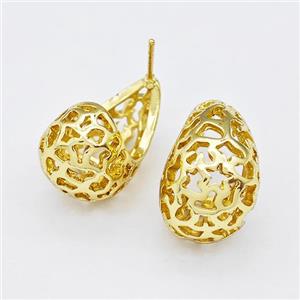Copper Earring Studs Pave Zirconia Hollow Teardrop Gold Plated, approx 12mm, 14-20mm [FN42579]