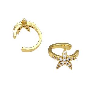 Copper Starfish Clip Earrings Pave Zirconia Gold Plated, approx 10mm, 13mm dia [FN42602]