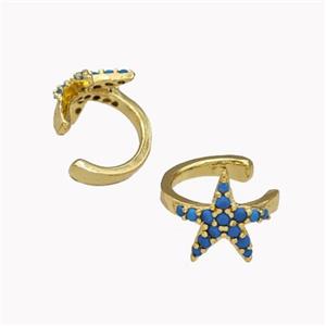 Copper Starfish Clip Earrings Pave Zirconia Gold Plated, approx 10mm, 13mm dia [FN42603]