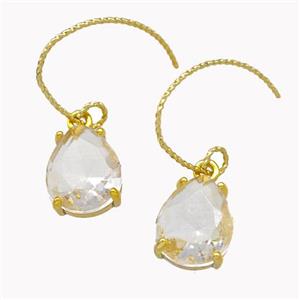 Copper Hook Earrings With Clear Crystal Glass Teardrop Gold Plated, approx 10-12mm, 15-20mm [FN42607]