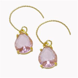 Copper Hook Earrings With Pink Crystal Glass Teardrop Gold Plated, approx 10-12mm, 15-20mm [FN42608]