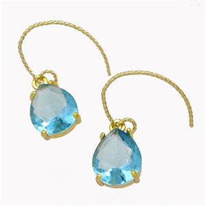 Copper Hook Earrings With Aqua Crystal Glass Teardrop Gold Plated, approx 10-12mm, 15-20mm [FN42609]