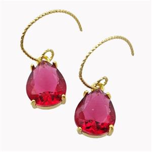 Copper Hook Earrings With Ruby Crystal Glass Teardrop Gold Plated, approx 10-12mm, 15-20mm [FN42610]