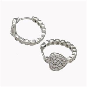 Copper Heart Hoop Earrings Pave Zirconia Platinum Plated, approx 10mm, 17mm dia [FN42626]