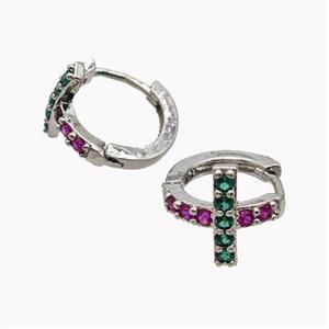 Copper Cross Hoop Earrings Pave Zirconia Platinum Plated, approx 12mm, 15mm dia [FN42628]