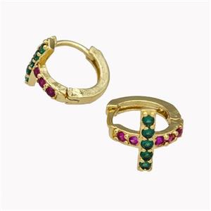 Copper Cross Hoop Earrings Pave Zirconia Gold Plated, approx 12mm, 15mm dia [FN42631]