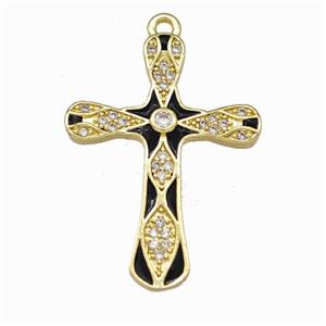 Copper Cross Pendant Pave Zirconia Black Enamel Gold Plated, approx 21-28mm [FN42870]