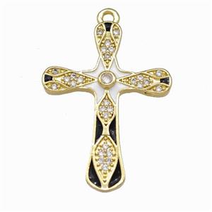 Copper Cross Pendant Pave Zirconia White Black Enamel Gold Plated, approx 21-28mm [FN42871]