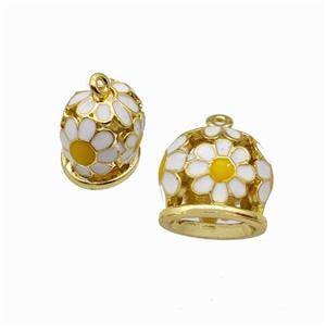 Copper Bell Pendant Daisy White Enamel Gold Plated, approx 9-11mm [FN42878]