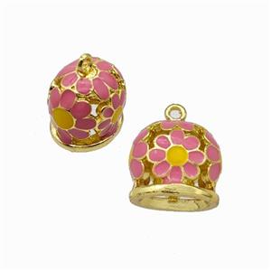 Copper Bell Pendant Daisy Pink Enamel Gold Plated, approx 9-11mm [FN42879]