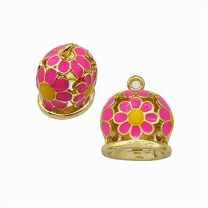 Copper Bell Pendant Daisy Pink Enamel Gold Plated, approx 9-11mm [FN42880]