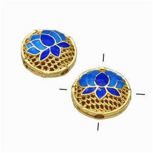 Copper Coin Beads Blue Painted Flower Hollow Gold Plated, approx 14mm [FN42884]