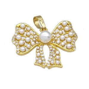 Copper Bow Pendant Pave Zirconia Pearlized Resin Gold Plated, approx 20-24mm [FN42939]