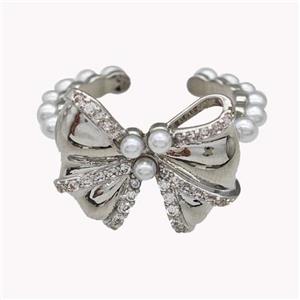 Copper Bow Rings Pave Zirconia Pearlized Resin Platinum Plated, approx 17-20mm, 18mm dia [FN42944]