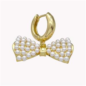 Copper Hoop Earrings Bow Pave Pearlized Resin Gold Plated, approx 15-30mm, 15mm dia [FN42954]