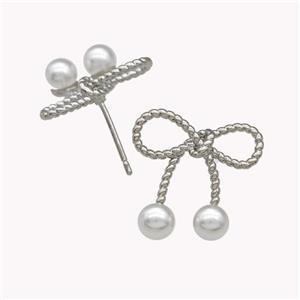Copper Bow Stud Earrings Pave Pearlized Resin Platinum Plated, approx 16-17mm [FN42964]