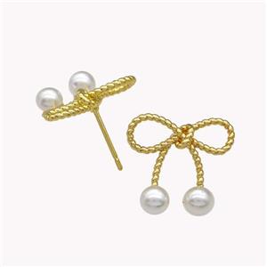 Copper Bow Stud Earrings Pave Pearlized Resin Gold Plated, approx 16-17mm [FN42965]