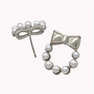 Copper Bow Stud Earrings Pave Pearlized Resin Platinum Plated, approx 17-20mm [FN42966]