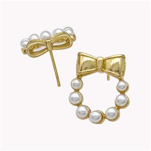 Copper Bow Stud Earrings Pave Pearlized Resin Gold Plated, approx 17-20mm [FN42967]