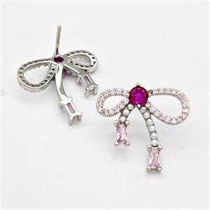 Copper Bow Stud Earrings Pave Zirconia Pearlized Resin Platinum Plated, approx 18-20mm [FN42968]