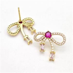 Copper Bow Stud Earrings Pave Zirconia Pearlized Resin Gold Plated, approx 18-20mm [FN42969]