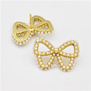 Copper Butterfly Stud Earrings Pave Pearlized Resin Gold Plated, approx 17-24mm [FN42971]