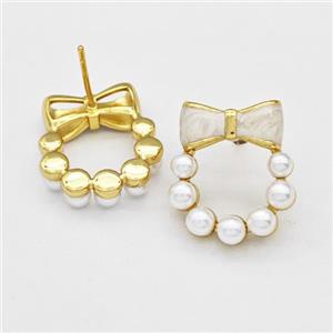 Copper Bow Stud Earrings Pave Pearlized Resin White Painted Gold Plated, approx 17-20mm [FN42972]