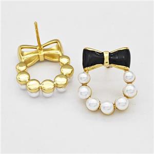 Copper Bow Stud Earrings Pave Pearlized Resin Black Painted Gold Plated, approx 17-20mm [FN42973]